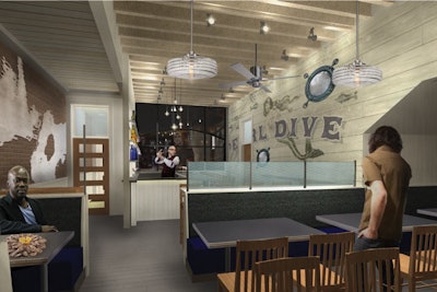 Pearl Dive Oyster Palace will have a rustic design with wood-paneled and exposed brick walls, as well as exposed ceiling beams.