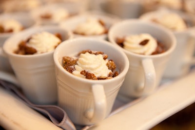 Gourmet Caterers is offering mini desserts such as pots de crèmes in miniature ceramic skillets and demi cups.