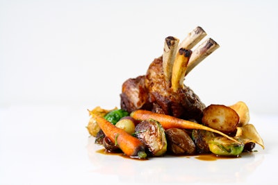 Slow-roasted rack of lamb with winter vegetables, including fried sunchoke crisps, organic baby carrots, Hudson Valley fingerling potatoes, brussels sprouts, and baby turnips, is part of the new fall menu from Sonnier & Castle.