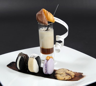 Abigail Kirsch puts a twist on a childhood favorite, Cookies and Milk, featuring a peanut butter and jelly macaroon, bite-size cookies like mint Oreo, black and white, and warm chocolate chunk, served with a caramel malted milk shake topped off with a fortune cookie.