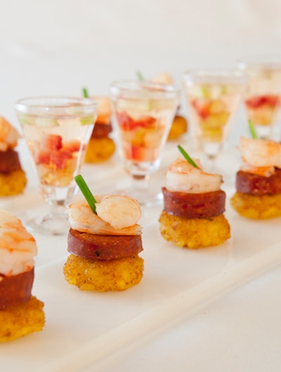 Mary Giuliani Catering & Events pairs one-bite paella with shrimp and chorizo with sips of sangria.