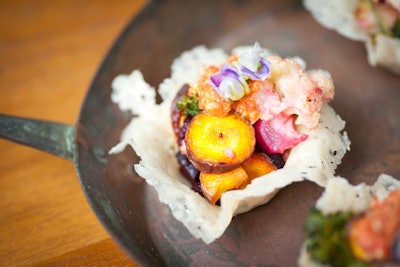 Fancy Girl Table created Parmesan cups with roasted ruby queen beets, cauliflower, rainbow carrots, Lacinato kale, and smoked tomato pesto.