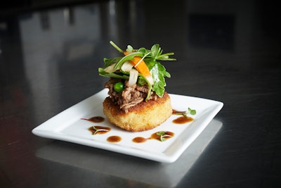 A brand-new addition to the Tabletalk and bypeterandpauls.com menu is a leek and truffle risotto cake, topped with red-wine-braised veal, oyster mushrooms, and sweet peas. The dish is garnished with an arugula and fennel salad.