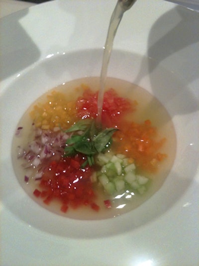 The chilled gazpacho soup from Lyon + Lyon has tomato-and-cucumber-flavored broth with colorful diced vegetables.