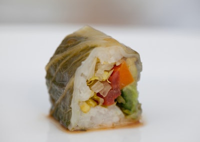 Shiraz Events introduced vegetarian tropical sushi wrapped in cabbage leaf and rolled with mango, jicama, peppers, and avocado.