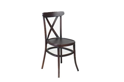 The Tuscan cafe chair from Classic Party Rentals is shown here in brown. The product is available in Virginia, California, Washington, D.C., Memphis, Atlanta, Arizona, and Florida.