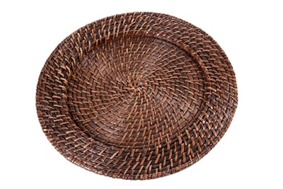 Round rattan charger, $5, available across the U.S. from Something Different Party Rental.