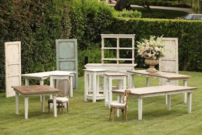 Tables and cottage doors from the Vineyard collection of aged vintage furnishings, prices range from $52.50 to $149.50, available in Southern California from Town & Country Event Rentals.