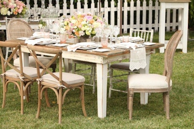 Town & Country Event Rentals offers table and chairs also from the Vineyard collection of aged vintage furnishings. Prices range from $13.50 to $119.50 and items are available in Southern California.