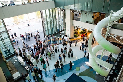 Some 800 Microsoft Canada employees filled the atrium of the Corus Entertainment building and its patio.