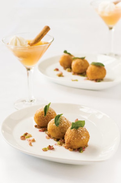 Arancini de riso with butternut squash, sage, mascarpone, and brown butter pancetta vinaigrette paired with a pumpkin martini with cream liqueur, vanilla vodka, pumpkin spice syrup, and garnished with whipped cream and a cinnamon stick from Choura Events in Long Beach, California
