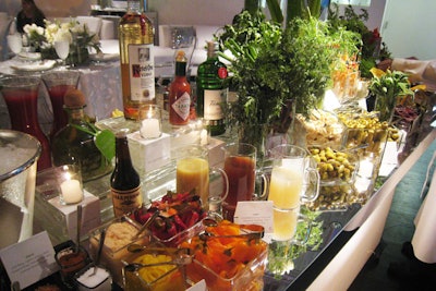 Thomas Preti Caterers in New York recently created a Bloody Mary bar with ingredients including pickled vegetables, scallions, beef jerky, and rosemary stirrers, plus spicy elements like banana peppers and jalapeños.