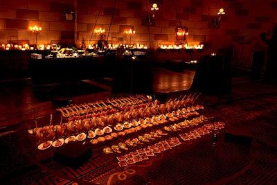 Thomas Preti Caterers prepared hors d’oeuvres set on large Lucite tables suspended from the ceiling, at a launch party for lighting designer Bentley Meeker’s book, at Gotham Hall in New York in April.
