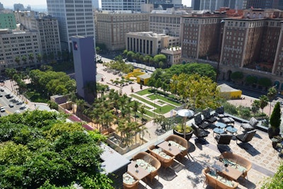 The space has sweeping views of downtown and the city.