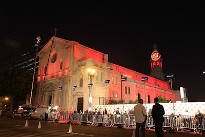 Vibiana's dramatic exterior glowed red for Entertainment Tonight's Emmy party.