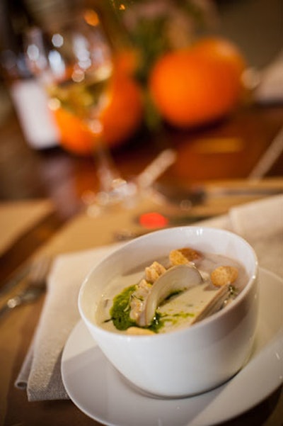 Chef Chris Douglass of Ashmont Grill prepared the first course of clam, leek, and potato chowder.