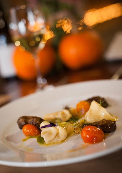 Chef Barbara Lynch of Gruppo cooked slow-roasted eggplant with fennel tortellini and basil and tomato. Other courses included confit leg and grilled breast of duck from Gordon Hamersley, and upside-down apple and blackberry buttermilk cake from Joanne Chang.