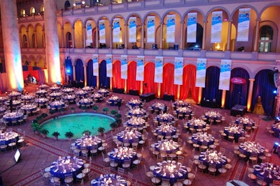 The 60 dinner tables surrounded the fountain in the center section of the museum's grand atrium.