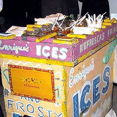 A brightly painted cart filled with ice served as a ceviche stand at the People en Espanol party celebrating its '25 Most Beautiful' issue at Ace Gallery.