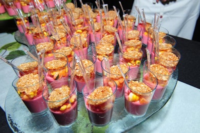 Sixteen served peach panna cotta with nectarine-corn succotash and oat Florentine.
