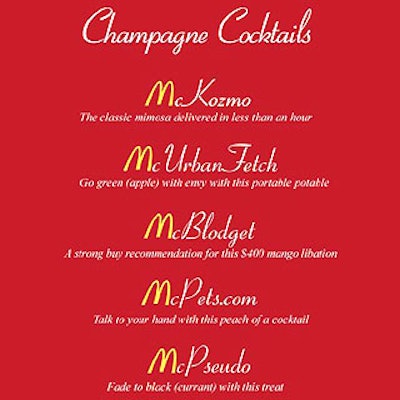 Venture Reporter designer Steve Morris designed a menu of cocktails named after failed dot-coms and former Merrill Lynch analyst Henry Blodget.