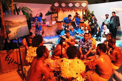In tune with the country's laid-back lifestyle, the folks at Tourism Fiji and Air Pacific's installation sat on the floor, playing local music and dancing for guests.