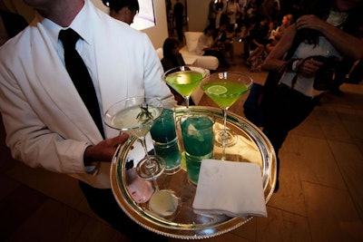 For every color, Abigail Kirsch offered two options, an alcoholic cocktail and a nonalcoholic beverage. For example, under the blue category, an alcoholic option featured a mix of white rum, grapefruit bitters, peppermint schnapps, and sage leaf garnish, while the nonalcoholic offering was a lime blueberry sparkler.