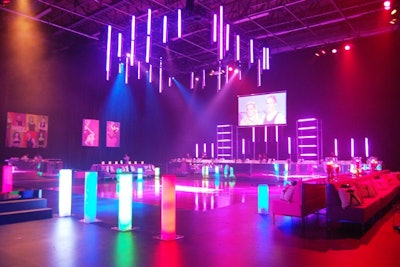 LED tube lighting from Westbury National Show Systems hung over the dance floor, behind the bar, and around the DJ booth. The brightly lit cocktail tables added additional colour.