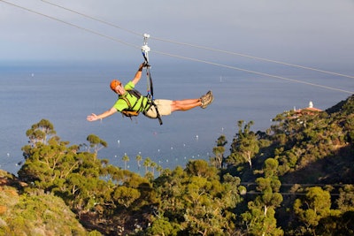 Catalina Island is known for its idyllic beauty a boat ride away from the L.A. area, and now it's the site of a scenic zip line too. The Catalina Zipline Eco Tour works as a teambuilding activity for groups, and offers five lines with mountain and ocean views, dropping from 500 to 60 feet above sea level. Packages for meetings and events that include the zip line and lodging are available.