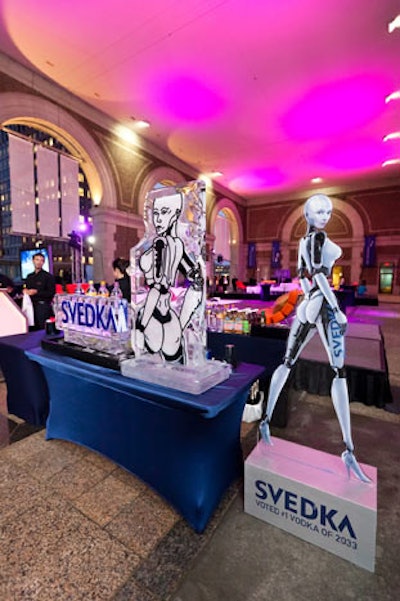 The vodka company brought in branded bars with ice sculptures and models of the robots that appear in its ad campaign.
