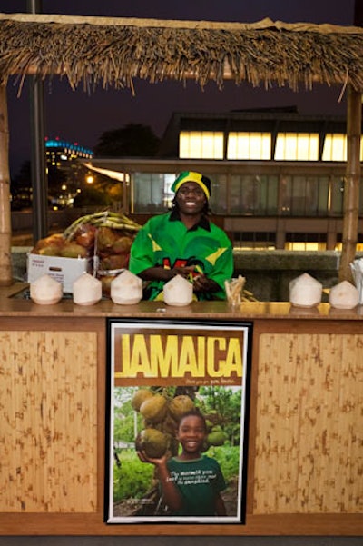 Guests sipped cocktails out of coconuts at a bar sponsored by the Jamaica Tourist Board.