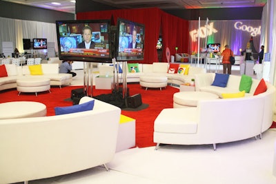 Organizers created distinct sitting areas in the 10,000-square-foot Google Media Filing Center and positioned 18 TVs around the room.