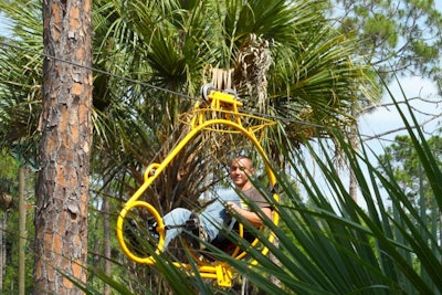 The one-hour ride on the Cypress Canopy Cycle takes guests through forested wetlands and over a pond that is home to a 13-foot alligator.