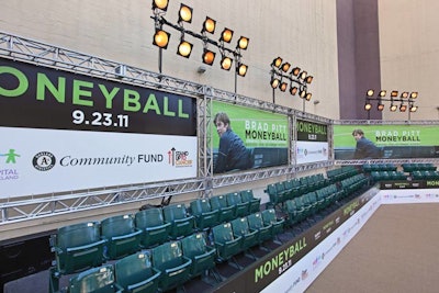 A parking lot adjacent to the Paramount was transformed into a baseball field, complete with scoop stadium lights and 200 authentic stadium seats from Brown United.