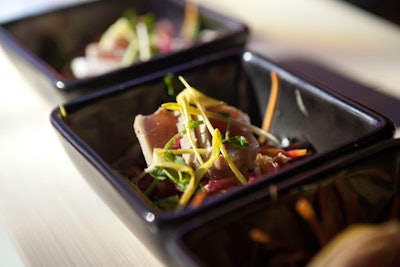 Shanghai 18 ingredient vegetable slaw was served on top of seared ahi tuna.