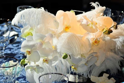 Phalaenopsis and ostrich feathers filled arrangements.