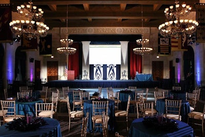 Michael Horton, visual designer at Lord & Taylor, designed the main event room in a blue, gold, and purple color scheme.