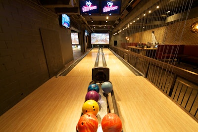 For the 'meet and bowl' package at the Ballroom, companies can book the Turkey, a private area with two bowling lanes, a lounge, bar, and patio.