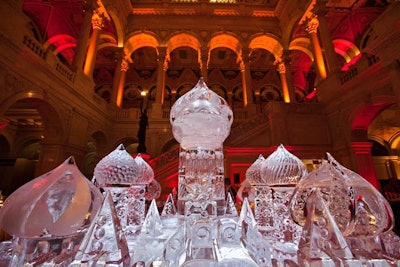 A large 14- by 12-foot ice sculpture of Russia's signature dome architecture seen on St. Basil's Cathedral and the Onion Dome served as the centerpiece of the dessert reception.
