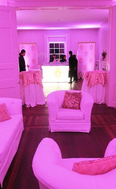 Cornerstone's Katie Youngkin said the Qream launch party was inspired by a Sofia Coppola-esque take on Versailles, bringing modern touches to the interior of the historic Decatur House, like white couches, gold tablecloths, pink lighting and a glowing bar.