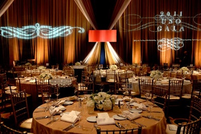 Hargrove draped the perimeter of the room in gold and navy blue fabric with gold accents.