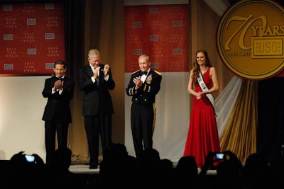 The night's speakers and presenters included U.S.O. President Sloan Gibson, former and current chairmans of the Joint Chiefs of Staff Air Force Gen. Richard Meyers and Army Gen. Martin Dempsey, and Miss USA Alyssa Campanella.
