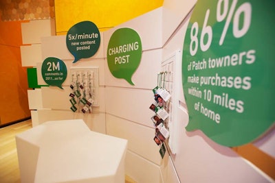 A larger section in the rear was devoted to Patch, a community-focused online platform with more than 800 hyperlocal sites for news, deals, and resources. As a way to integrate the brand's message, AOL created a bar where attendees could leave their electronic devices in a locker to be charged.