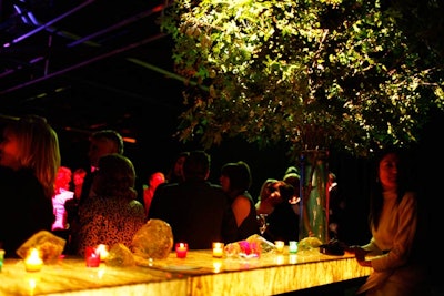 The production team erected a Lucite bar peppered with jewel-toned votives near the entrance that acted as a buffer, simultaneously allowing guests to relax and watch people comfortably.