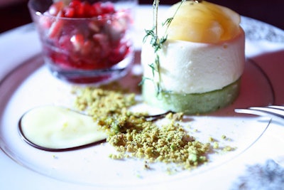 For dessert, guests dined on pistachio cake topped with yogurt cheesecake and Reisling-poached pears along with a side of pomegranate shaved ice.