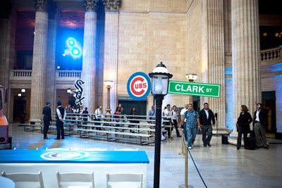 The reception paid homage to Chicago's two major league baseball teams with hanging logos and bleacher seating.