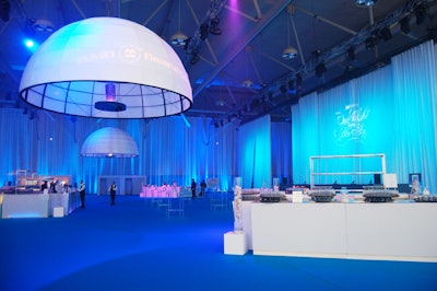 The Blue Sky cocktail reception, sponsored by BMO, kicked off the gala. The blue carpet, white furniture, and white draping matched both Bell and BMO's brand colours. Two dome lights lit the space.