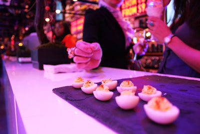 One of the more Asian nibbles on the menu was deviled quail eggs with wasabi and togarashi.