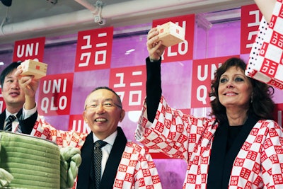 Following the barrel breaking, V.I.P.s, including actress and Uniqlo 'Made for All' campaign face Susan Sarandon, joined Uniqlo executives, all clad in special smocks, for a sake toast.