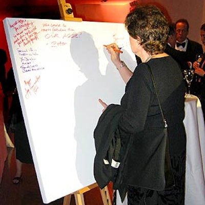 Large easels with blank canvases attached were set out for party guests to write personal congratulations messages to honoree Agnes Gund.